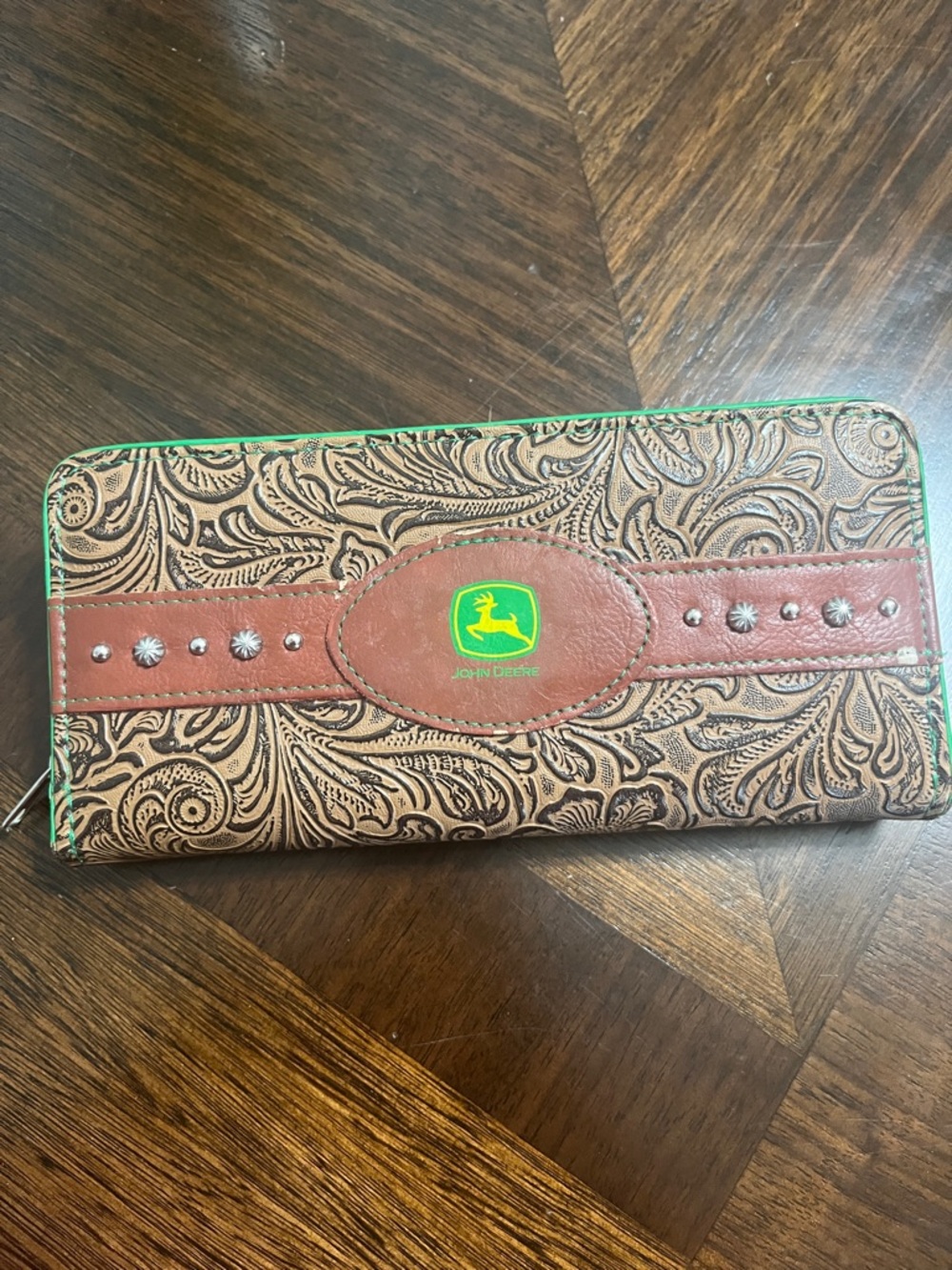 Women’s John Deere Brown Tooled Leather Zip Wallet with Green Trim purse bag